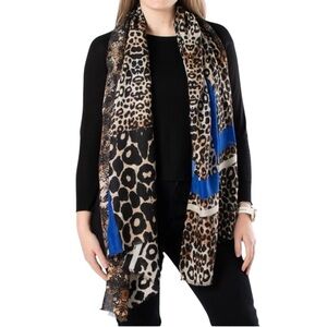 Leopard Print Scarf with Blue Stripe